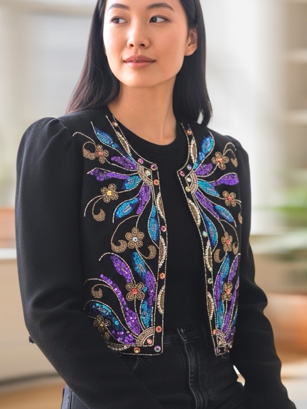 Beaded Sequin Butterfly Vtg 80s Karen Lawrence Matthew Black Jacket Holiday 10